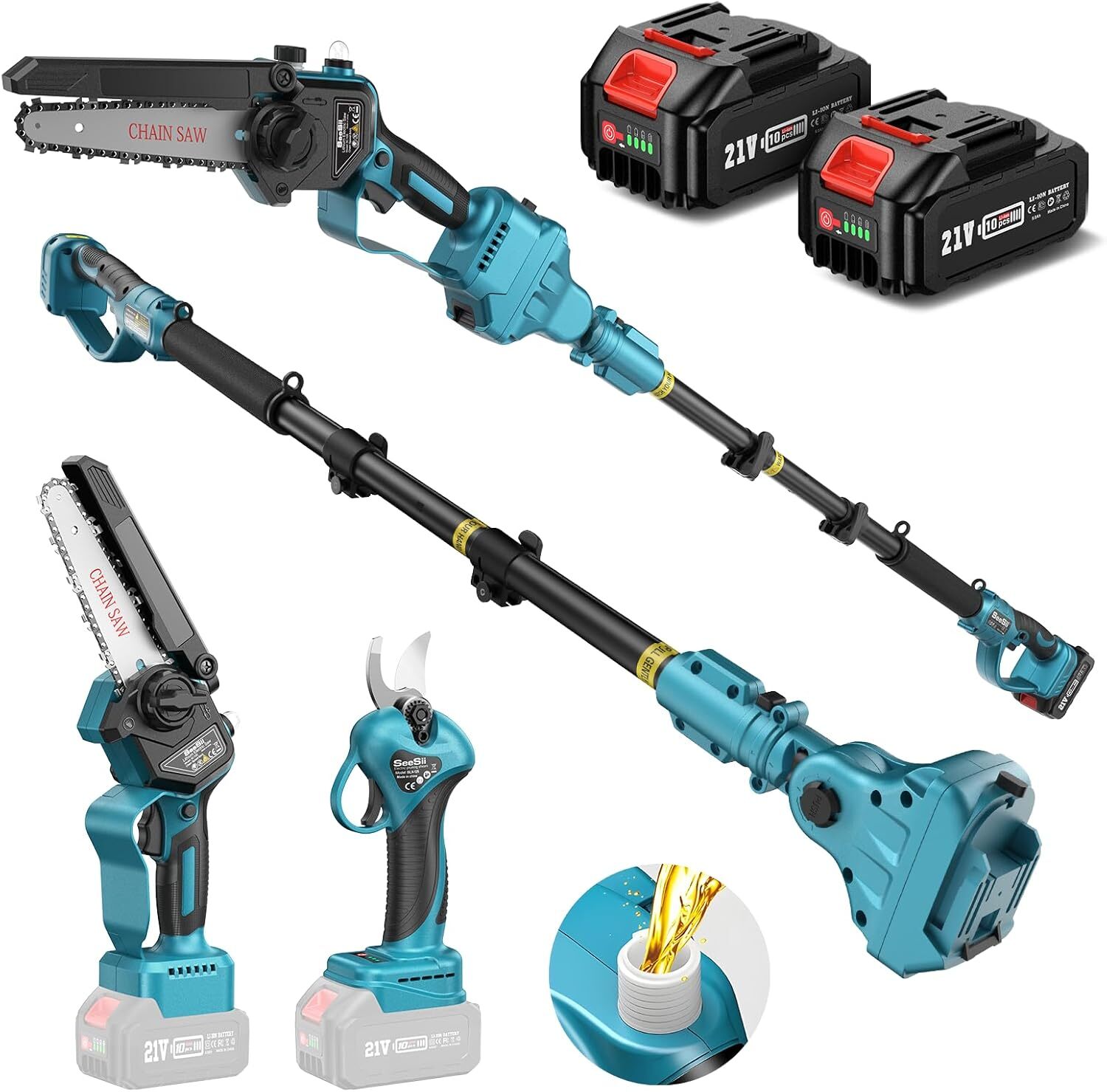 4-in-1 Cordless Pole Saw & Pole Pruning Shears Combo Kit Chainsaw Cutter 2*4000