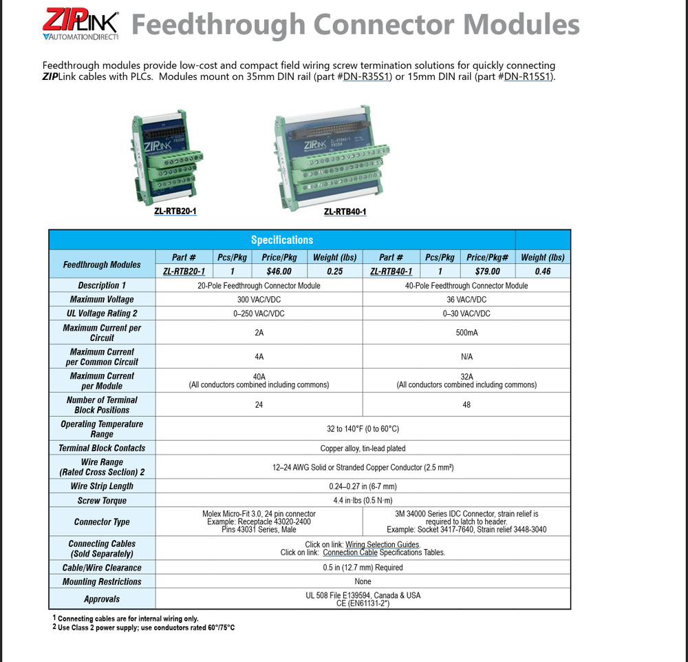 ZIP Link ZL-RTB40-1 reduced-width feedthrough module, 48-pole Automation Direct