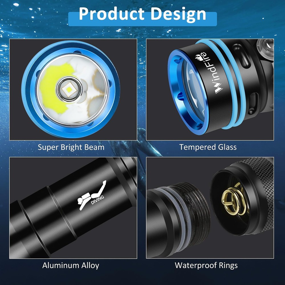 WINDFIRE Dive Light – Super Bright Rechargeable Diving Flashlight with 4 M