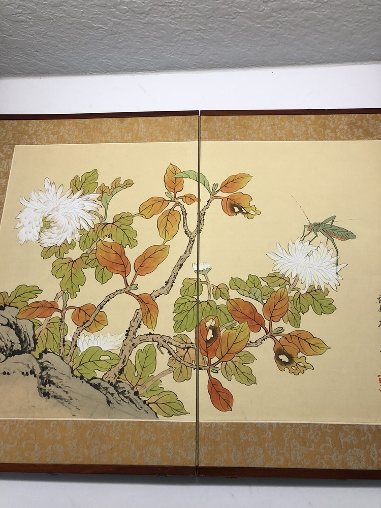 Authentic Antique Japanese Silk Panel x2 Folding Art Floral Signed