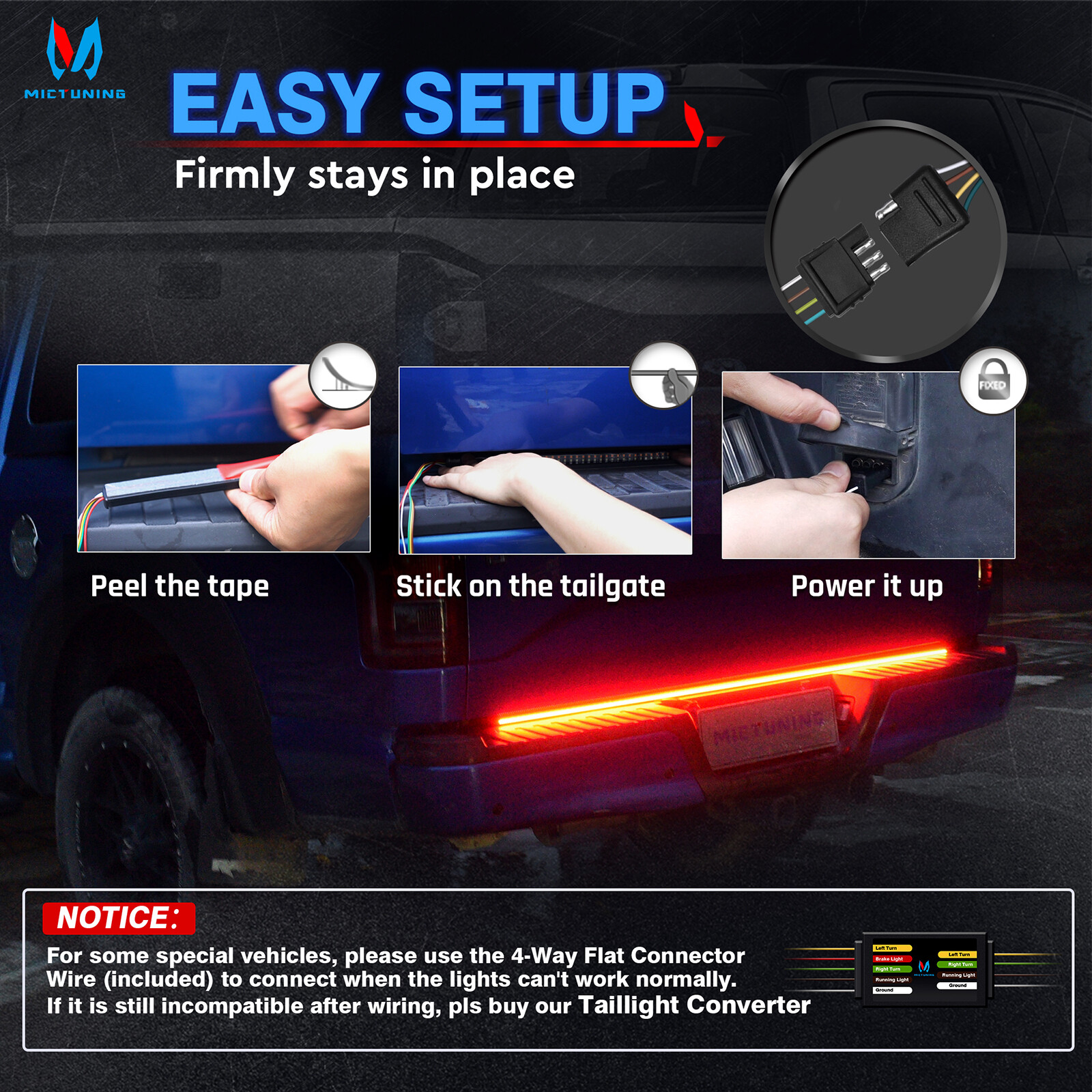 48 Inches Triple 360 LEDs Tailgate Strip Light Waterproof w/4-Way Flat Connector