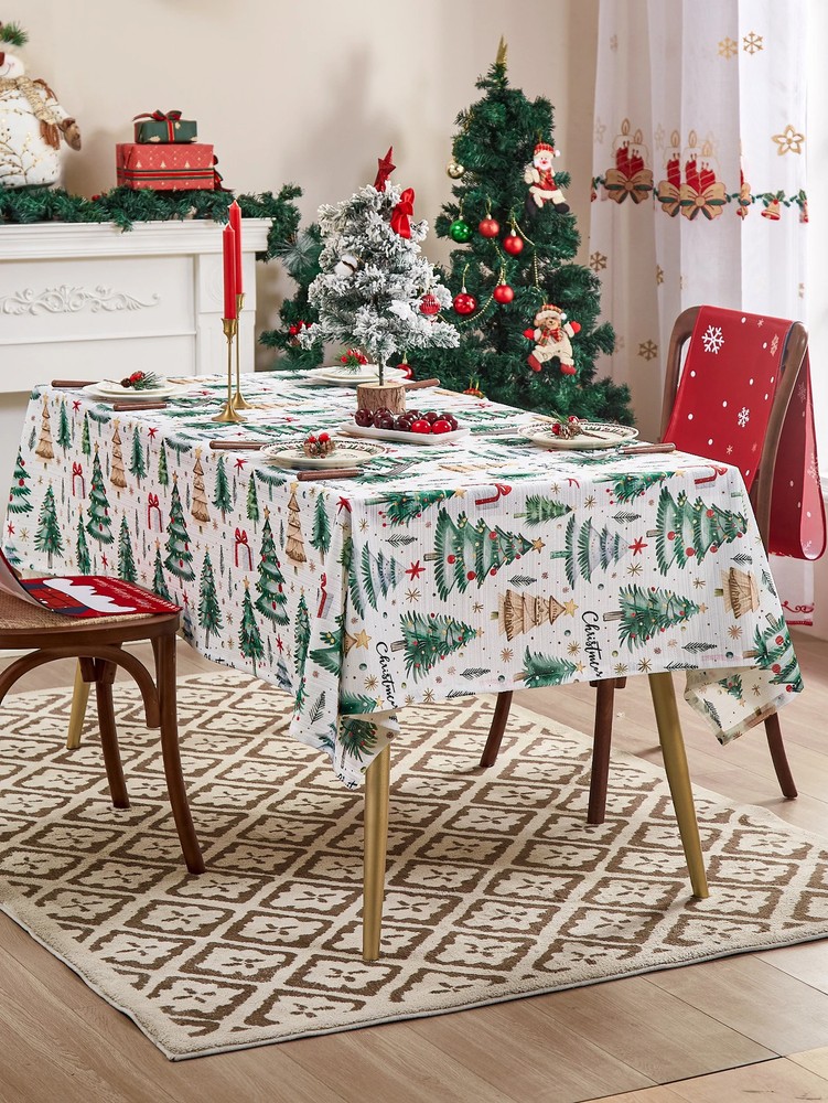 Christmas Tablecloth Rectangular, Winter Snow Trees White Washable Table Cover