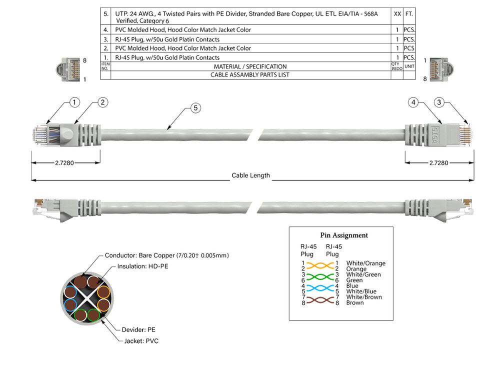 50ft Cat6 UTP Ethernet Network Patch Cable Snagless 24AWG Bare Copper, Gray
