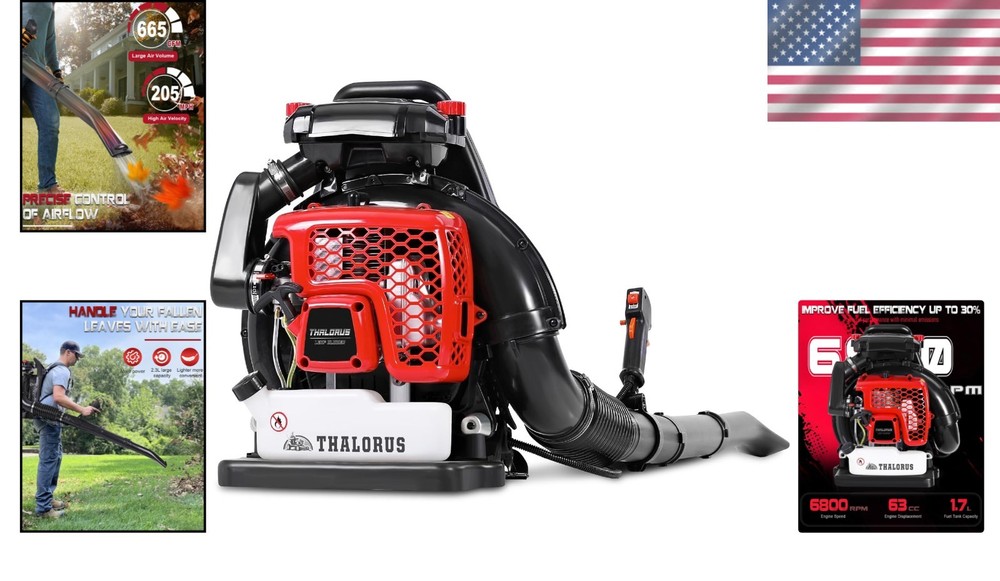 Fast Lawn Cleanup with 63CC Backpack Leaf Blower: 205 MPH, Variable Control, Red