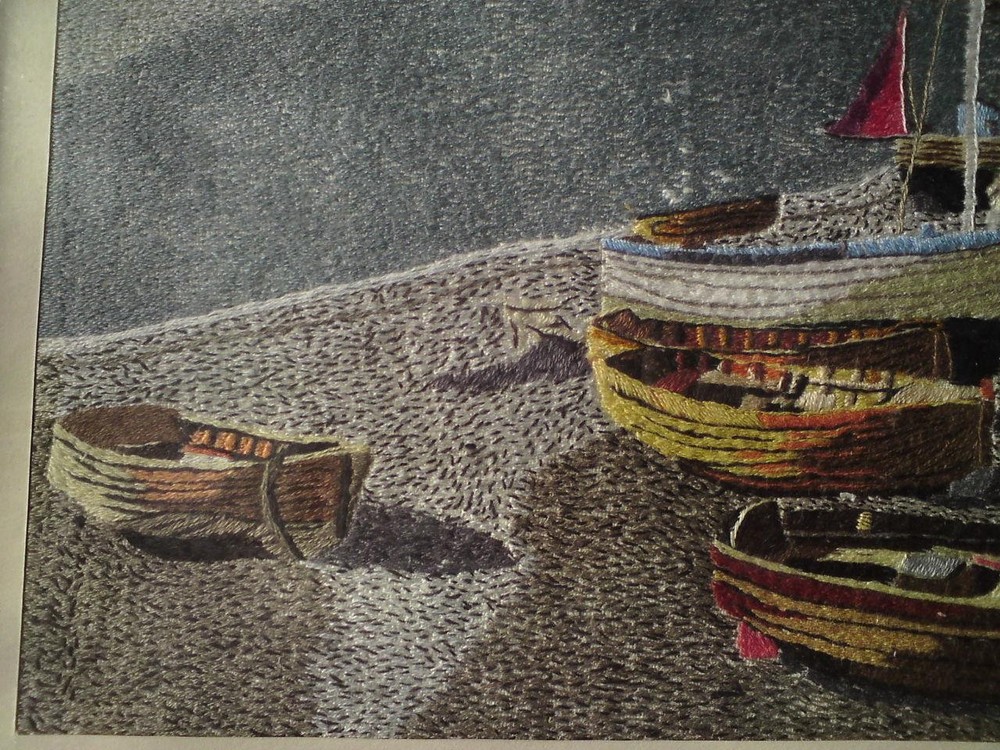 Framed Embroidery Needlework / Wool-work Picture - Beer Harbour, Seaton Devon