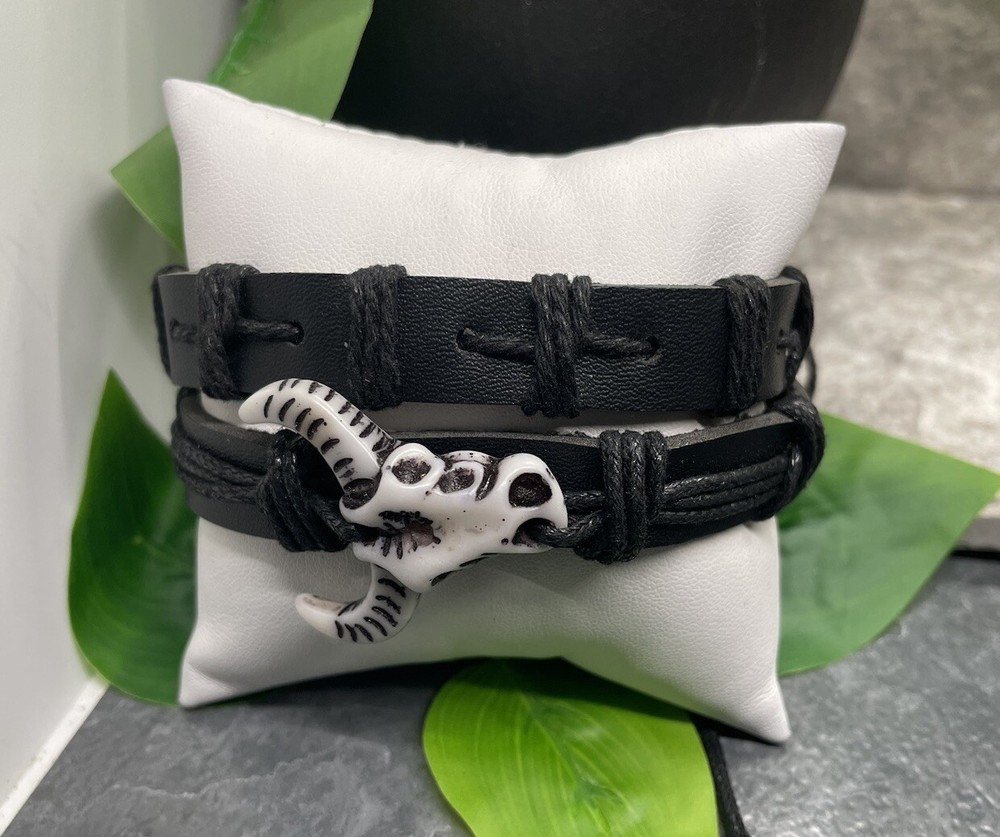 2 PC Leather Bracelet Stackable Adjustable Tie Free Ship Bull B3282