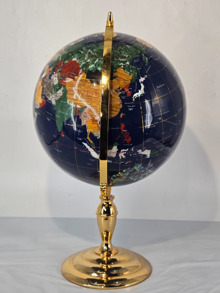 Globe Gemstone World Map Blue Lapis on Brass Stand H 21"