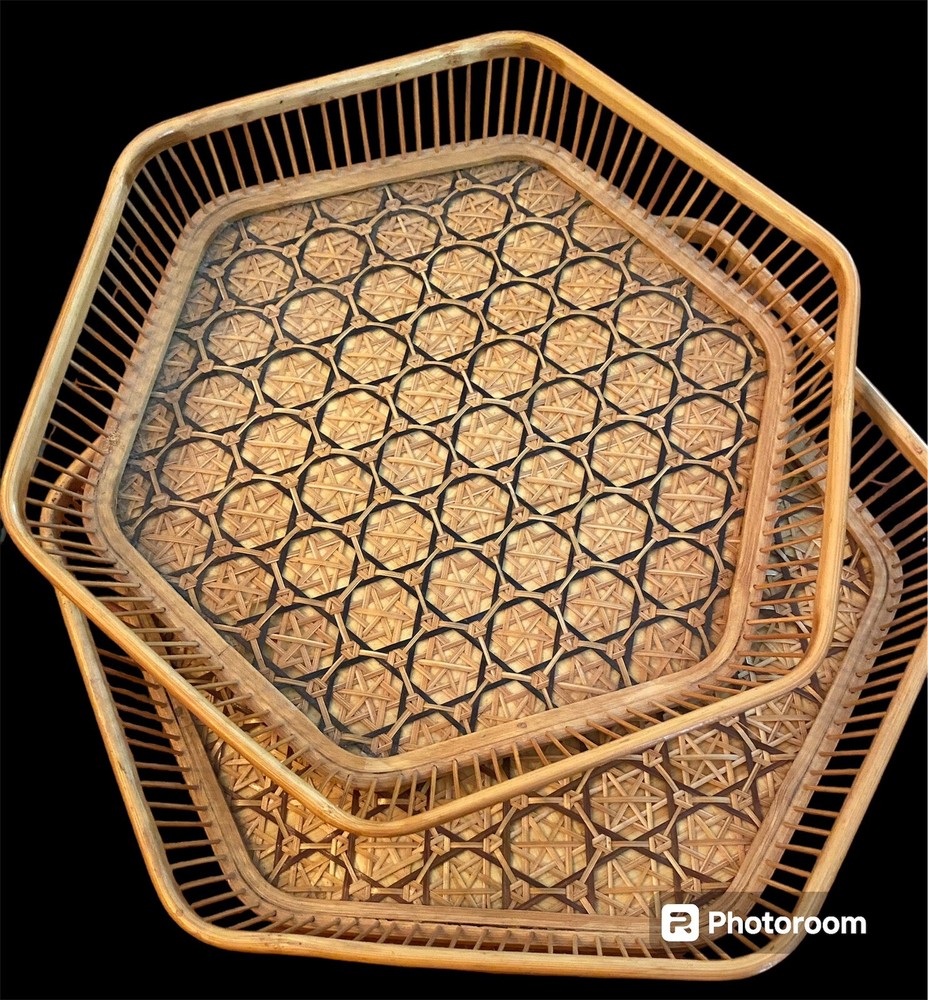 Bamboo Trays Set Of 2 Octagon Boho Look Weave READ