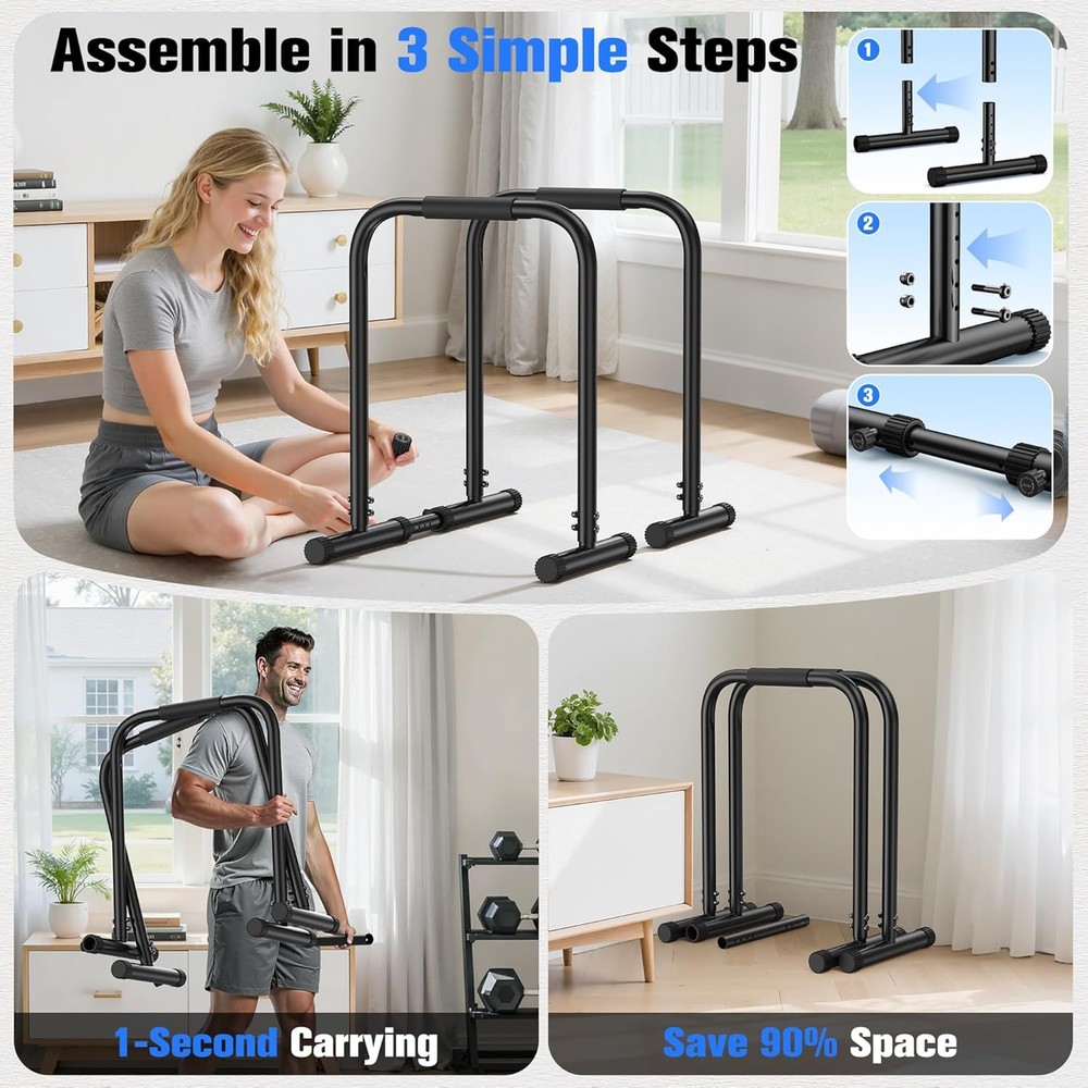 Adjustable Dip Bar Station Parallette & Parallel Bars 400LBS Stable Dip Stands
