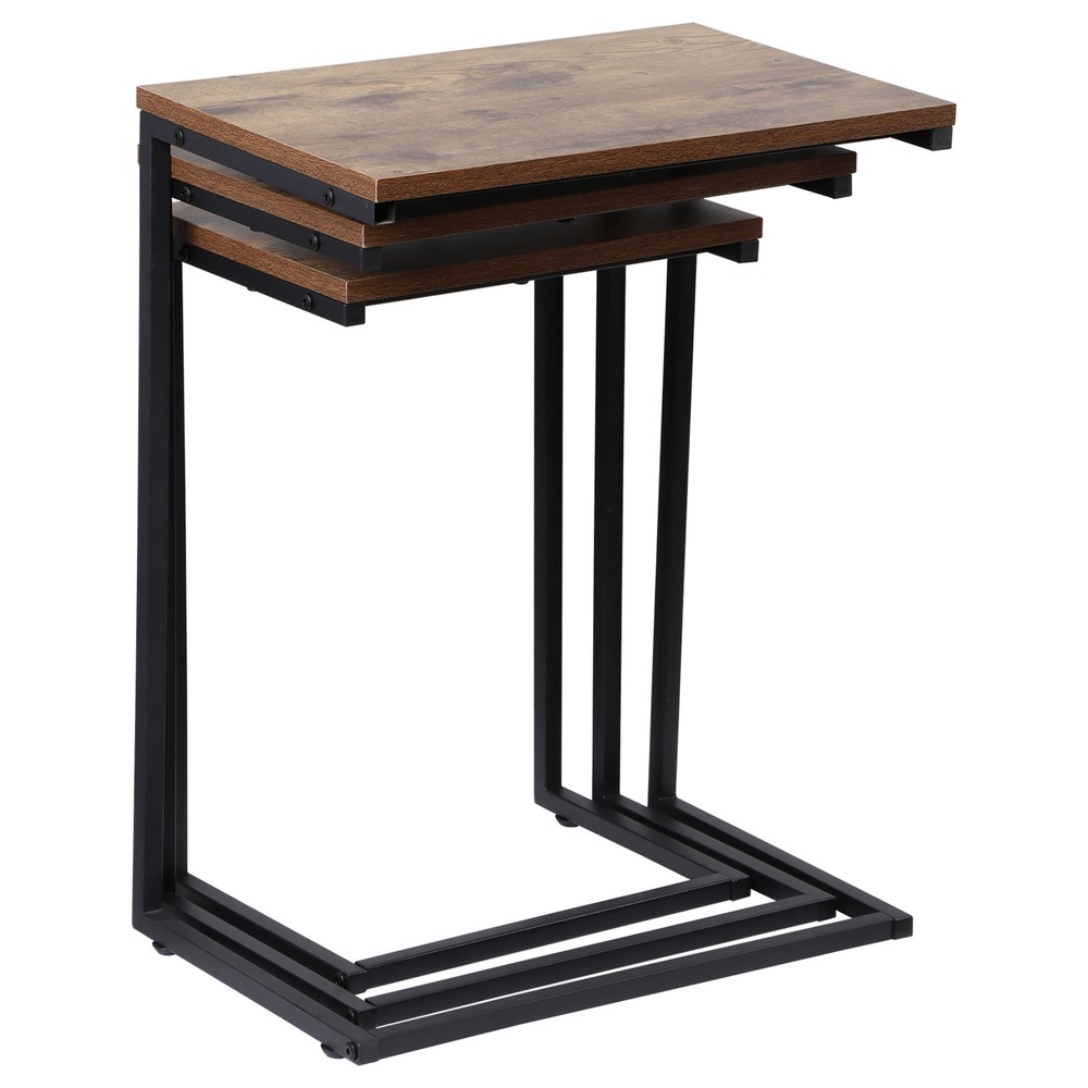 Nesting Coffee Table Set of 3 Stacking C-Shape Accent End Table with Metal Frame
