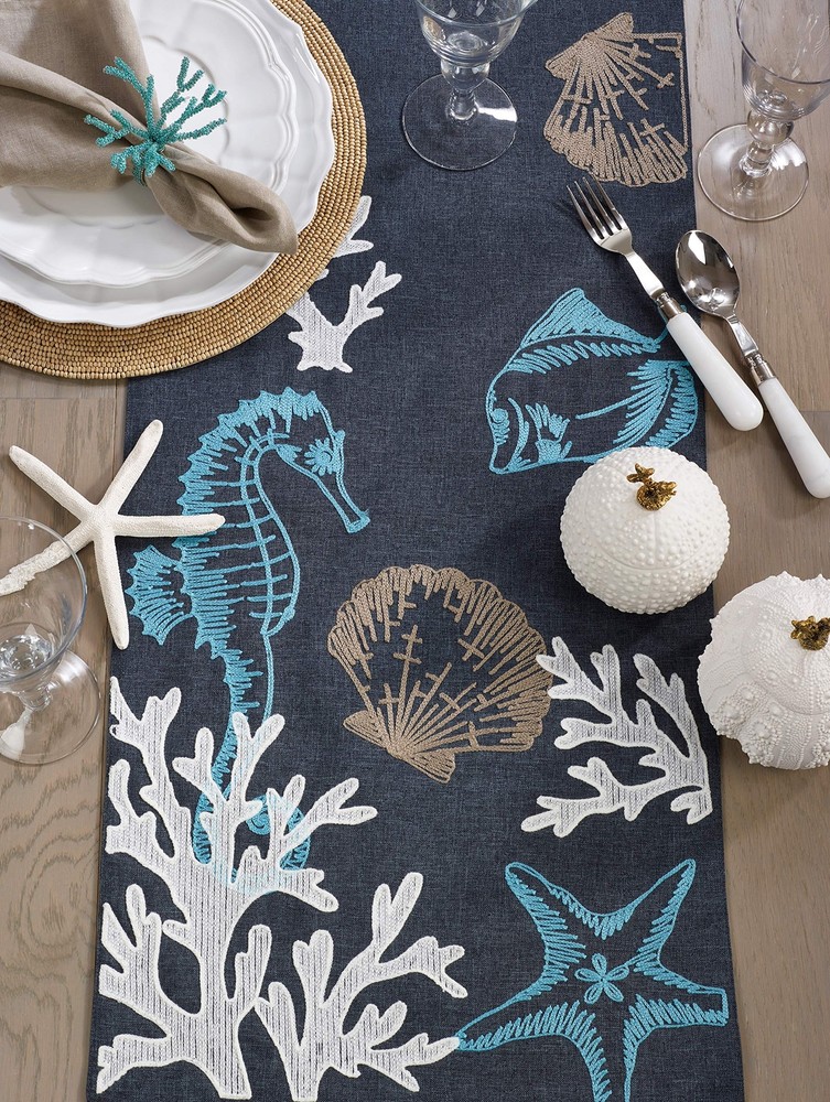 Sea Design Table Runner 16" x 70" Navy Blue