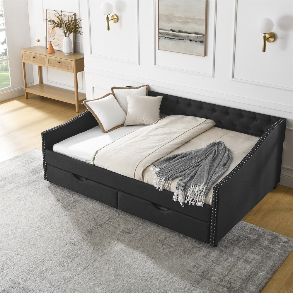 Full Size Daybed Upholstered Bed Frame Sofa Bed with 2 Storage Drawer US
