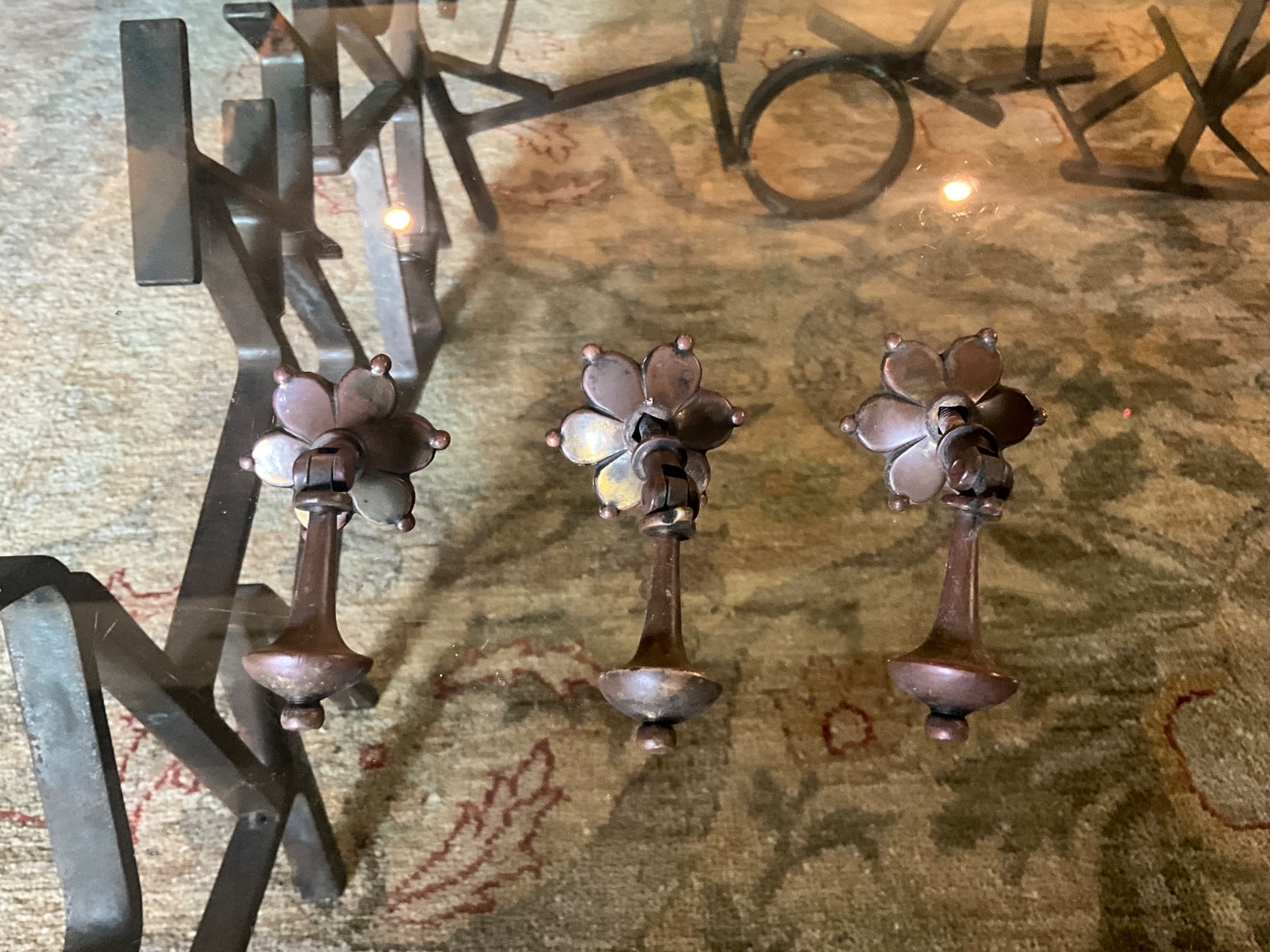 (3) Antique Brass Pendant Teardrop Drawer Pulls w/Backplates