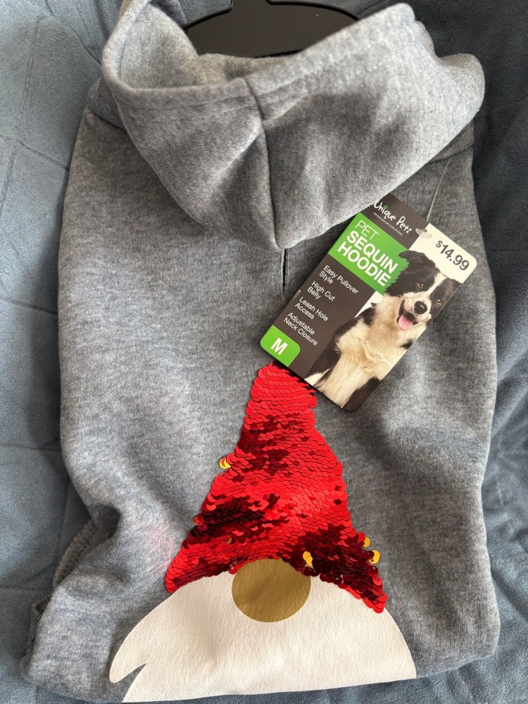 UNIQUE PETZ GRAY SEQUIN GNOME HOODIE SIZE MEDIUM PULLOVER - NEW