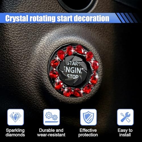 Bling Crystal Car Push Start Button Cover, Shiny Rhinestone Auto Engine Red
