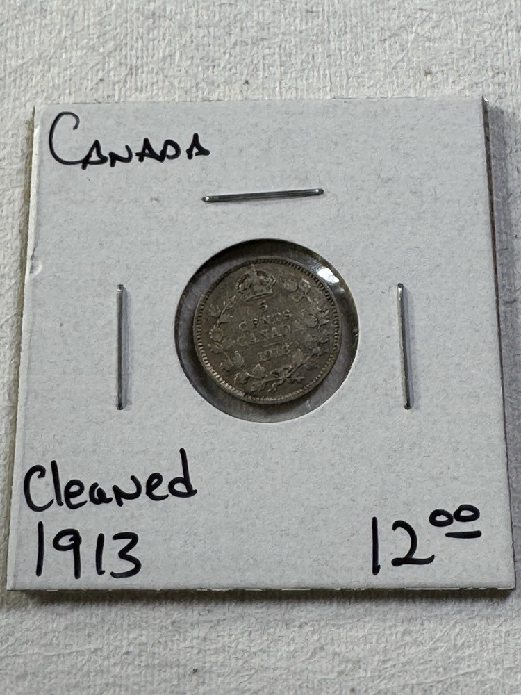 1913 Canada 5 Cents Small Silver Coin Cleaned