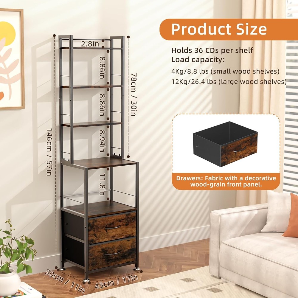 CD Rack & Storage W/ Two Drawers 7-Tier DVD Shelf & Rack CD Storage Tower &