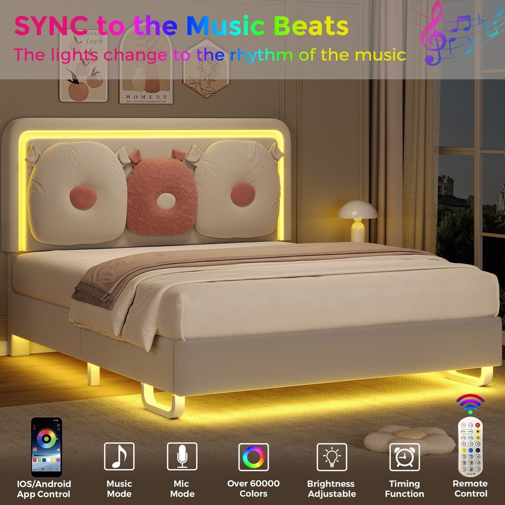 Easy Assembly Upholstered Beige Bed Adjustable Headboad With LED Light