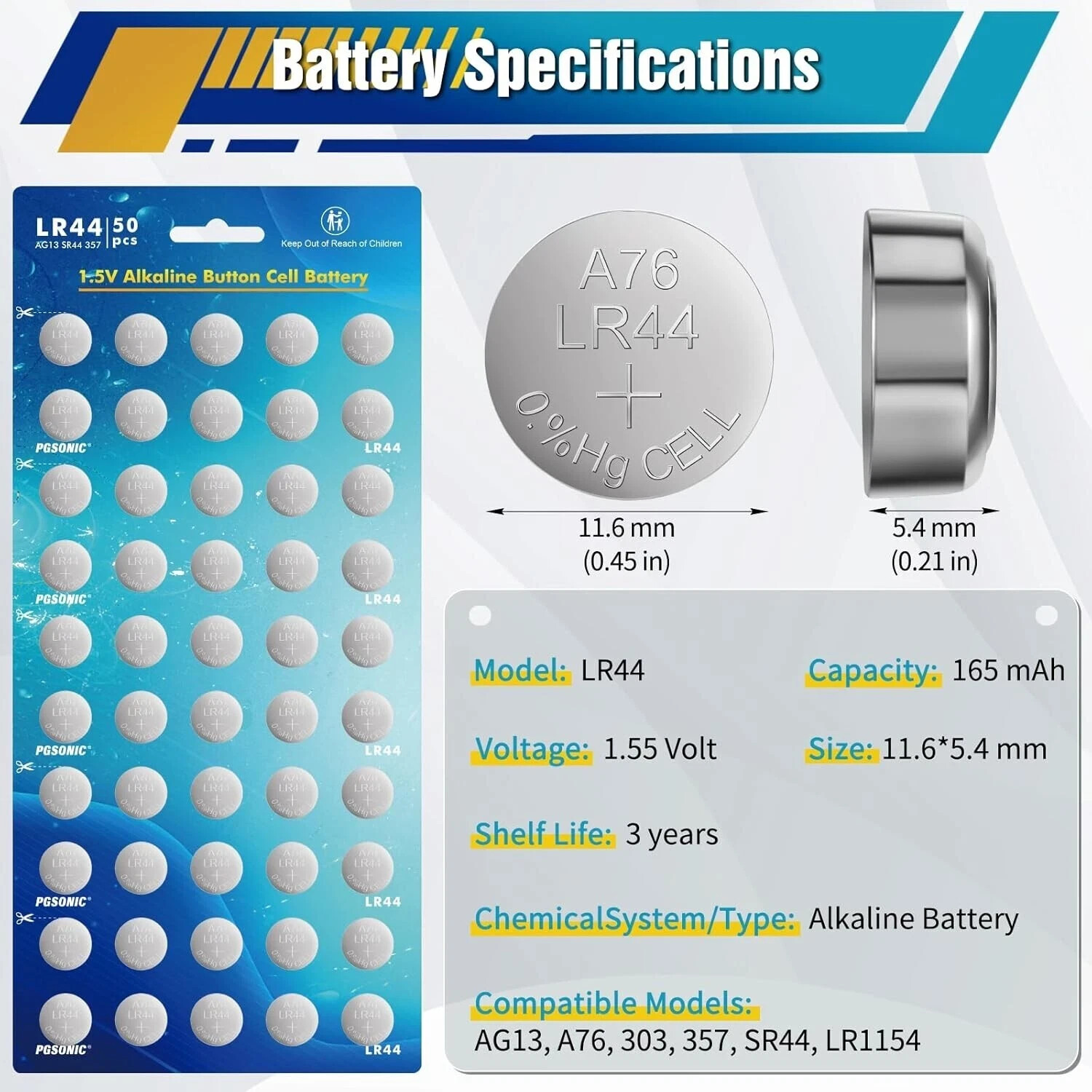 AG13 LR44 A76 357 L1154 SR44 1.5V Button Battery Coin Cell