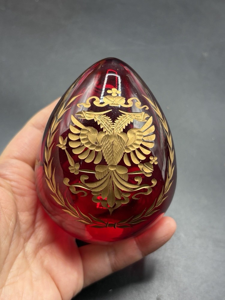 Faberge Egg Etched Ruby Gilt Glass Russian Red & Gold Eagle