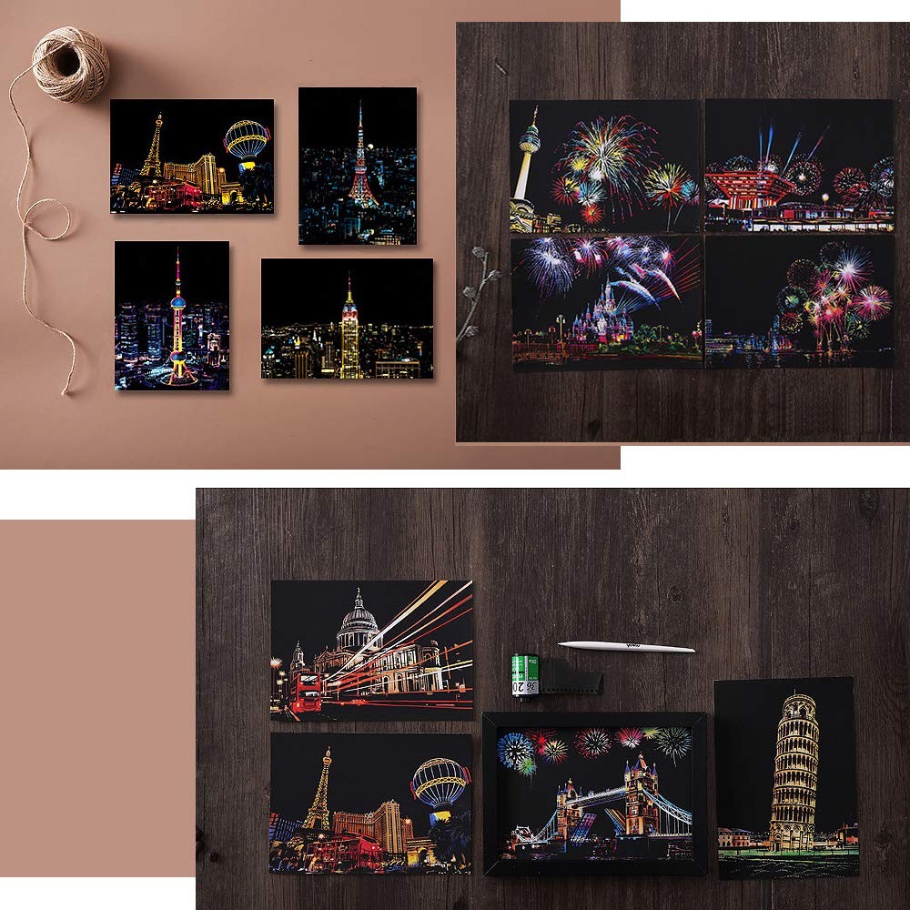 Magic Scratch Art Paper, Mini Envelope Postcard, Rainbow Night View Scratchbo...