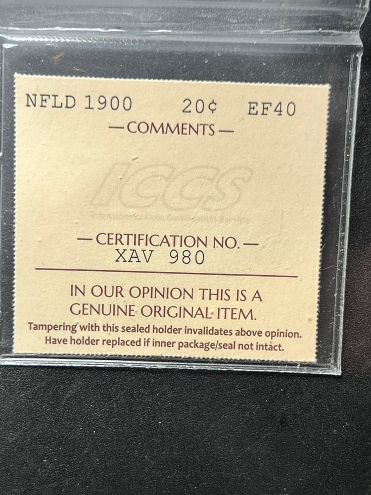 1900 Newfoundland 20 cent Graded ICCS EF-40