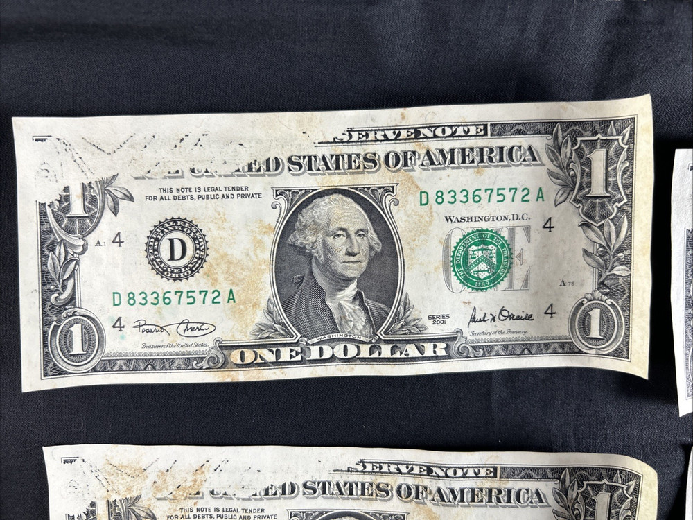 10 US ONE DOLLAR FEDERAL RESERVE NOTES SERIES 2001 INK MISSING PRINTING ERROR