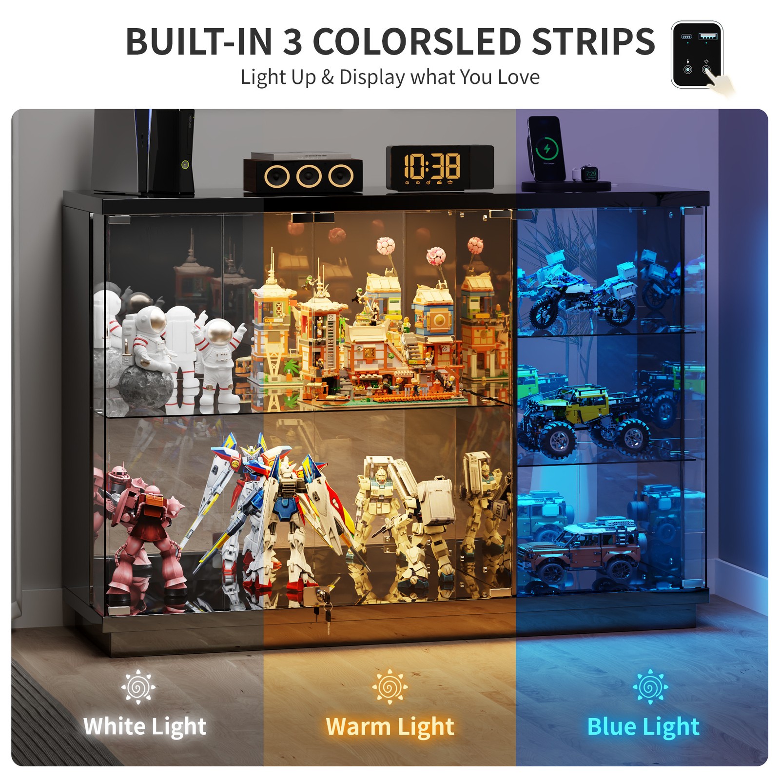 Gurexl Glass Display Cases with Human Sensor and 3 Color Lights for Collectibles