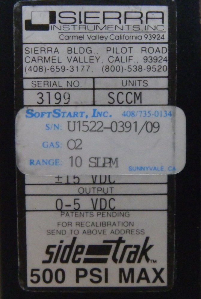 Sierra Instruments Sidetrak Mass Flow Controller, O2, 1-10 SLPM, Used