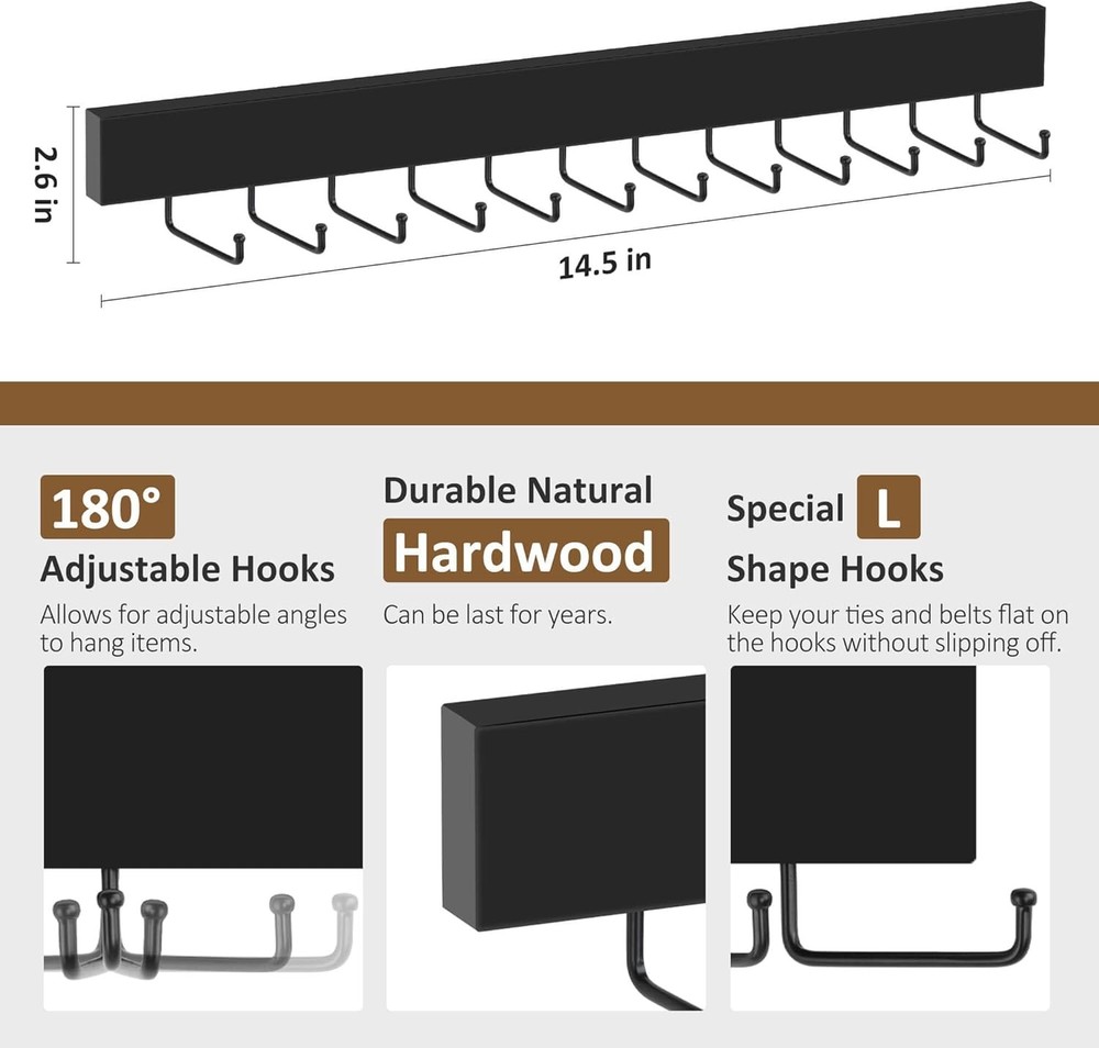 ZEDODIER 2 Pack Wodden Tie Hanger Wall Mounted, Space Saving 2 Pack, Black
