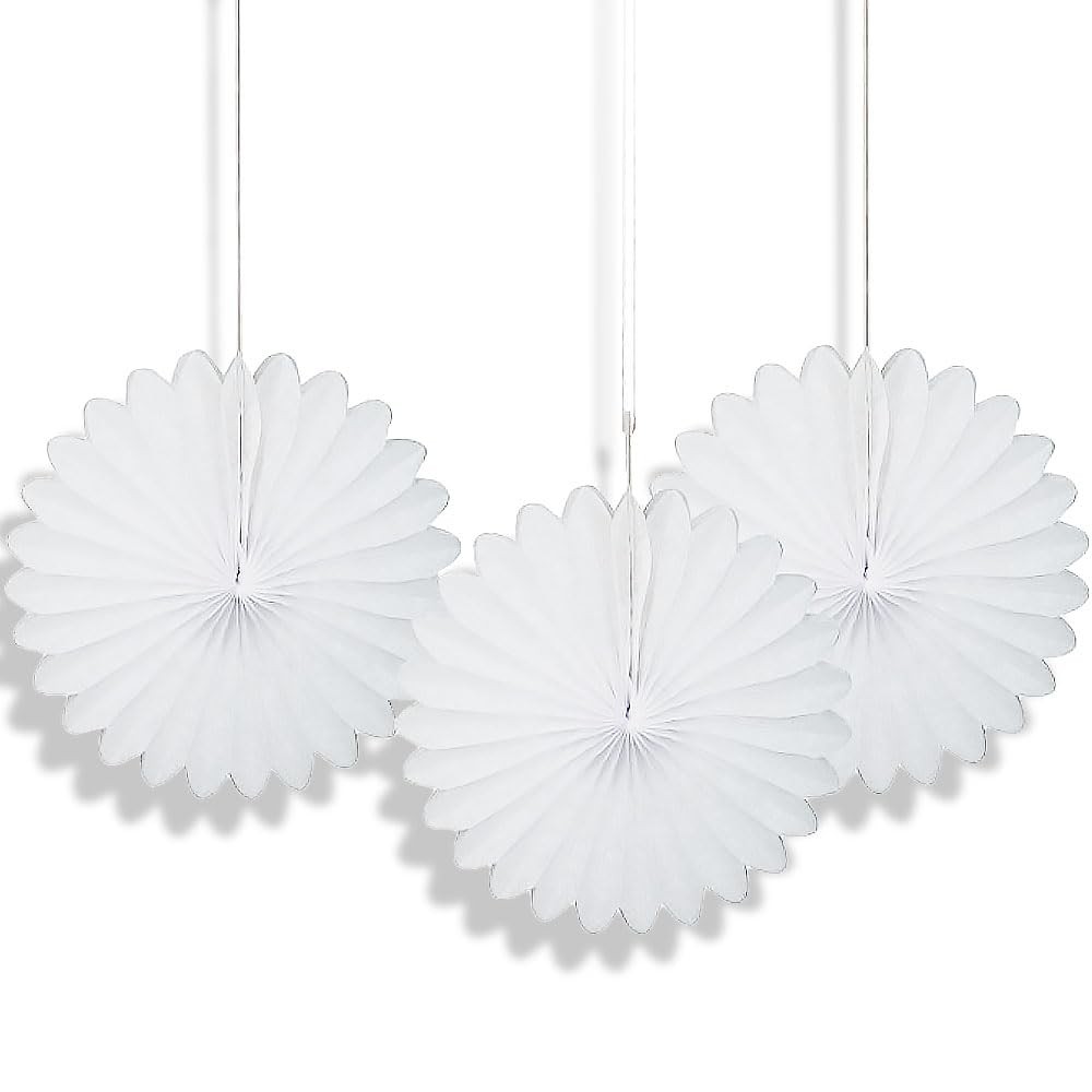 Unique White Hanging Tissue Paper Fans 6 inch 3 Count Functional Solid Holiday
