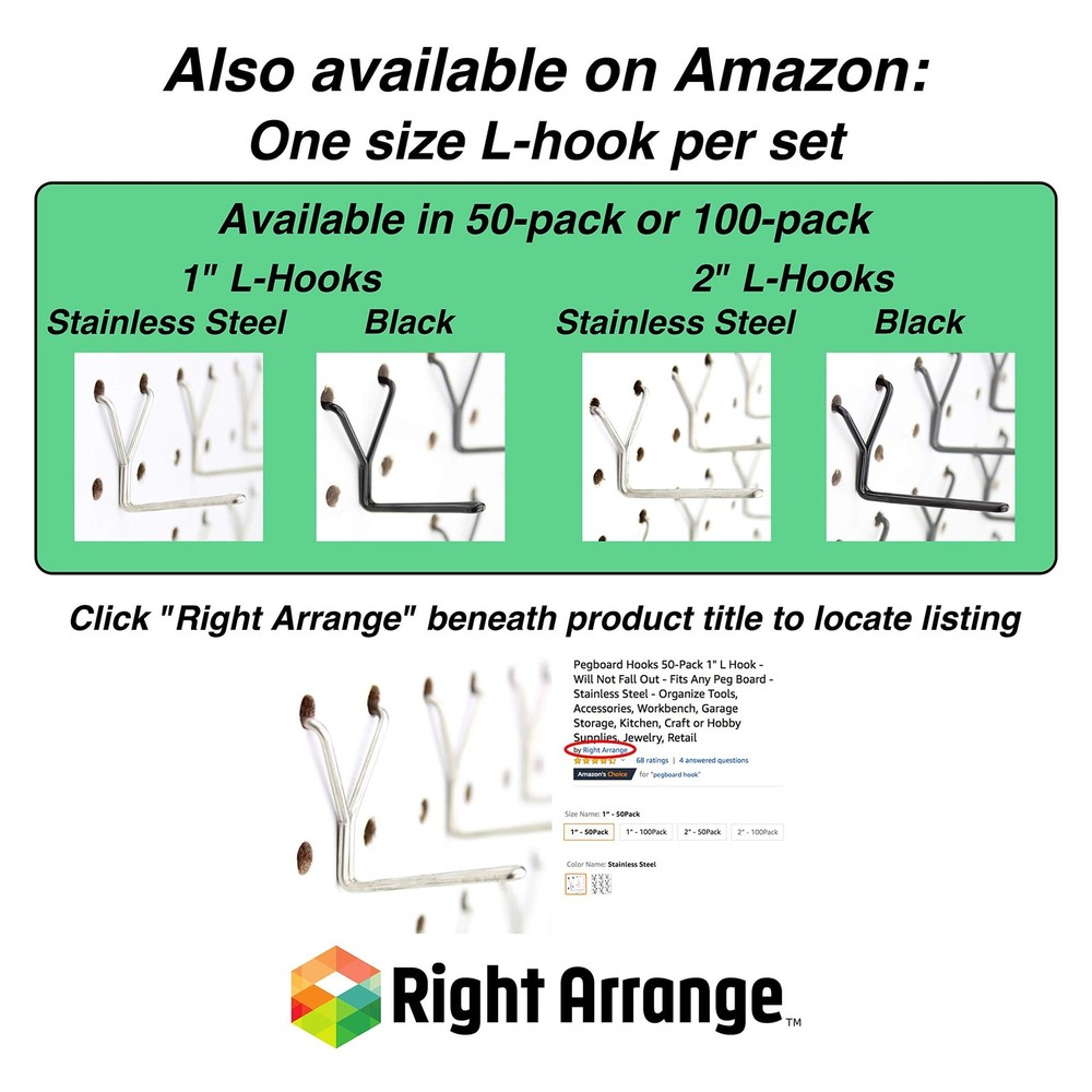 Stainless Steel Pegboard Hooks 100-Pack 1" + 2” L Hook - Will Not Fall Out