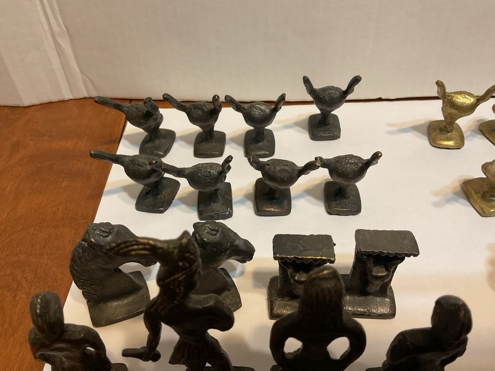 Vintage Solid Cast Brass Chess Pieces Set Greece Roman Unique
