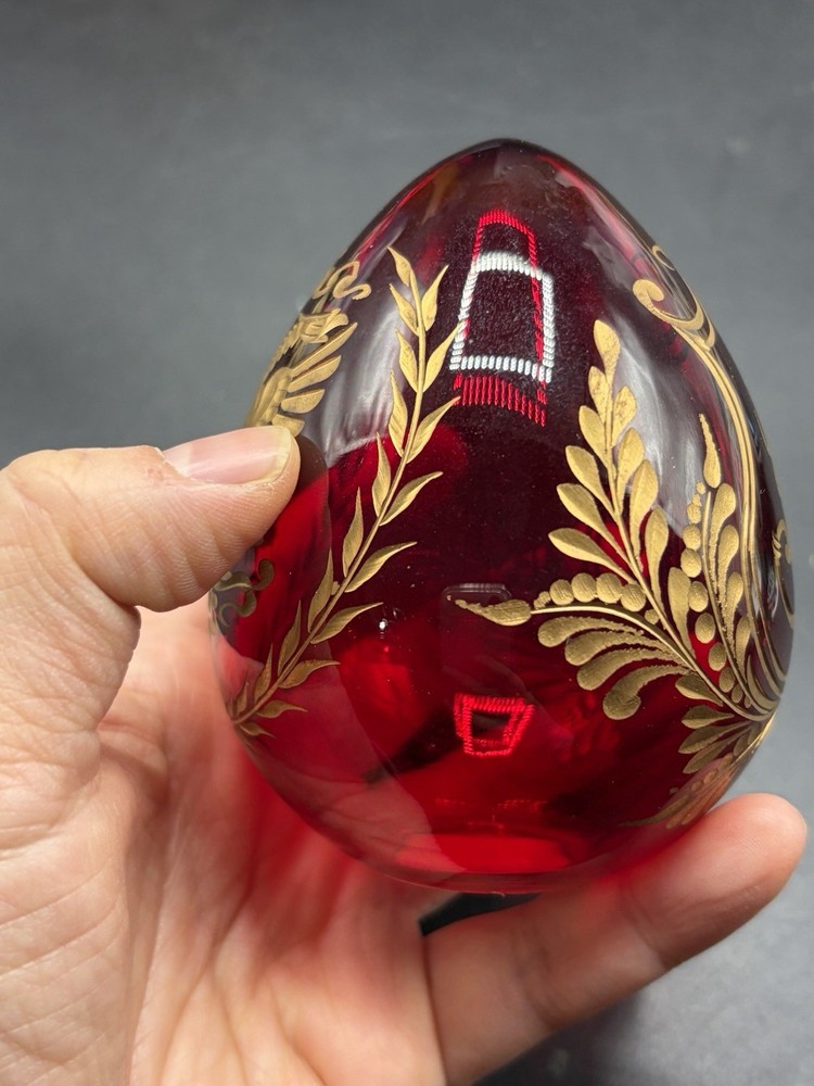 Faberge Egg Etched Ruby Gilt Glass Russian Red & Gold Eagle