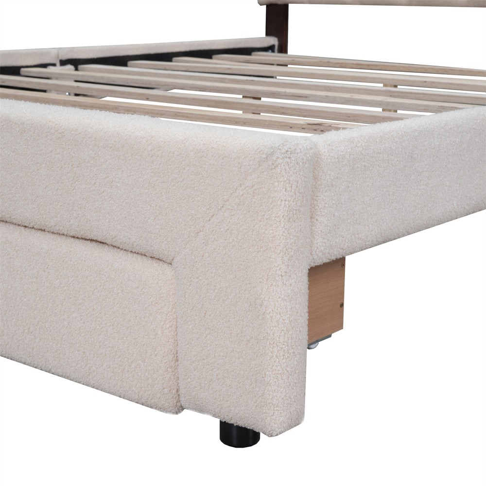 Queen Size Bed Frame Upholstered Platform Bed Frame w/ Headboard & Drawer Beige