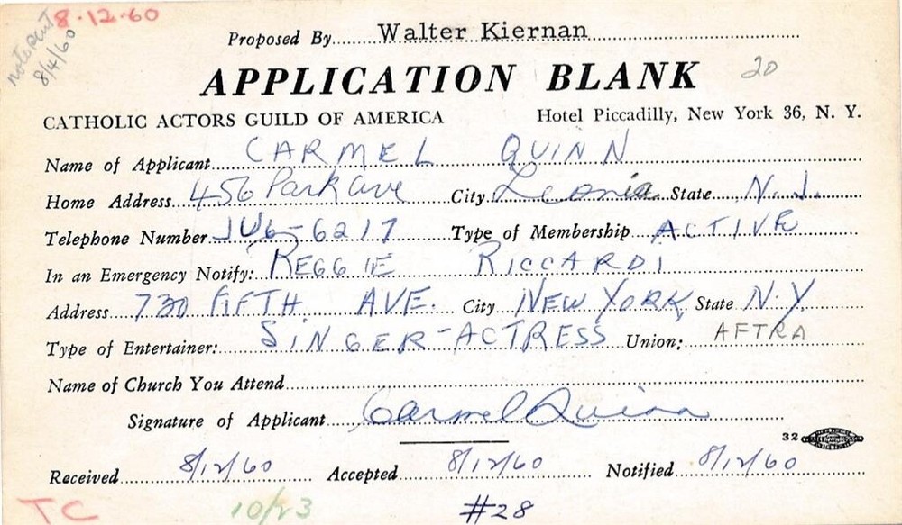 Carmel Quinn- Signed Catholic Actors Guild Application