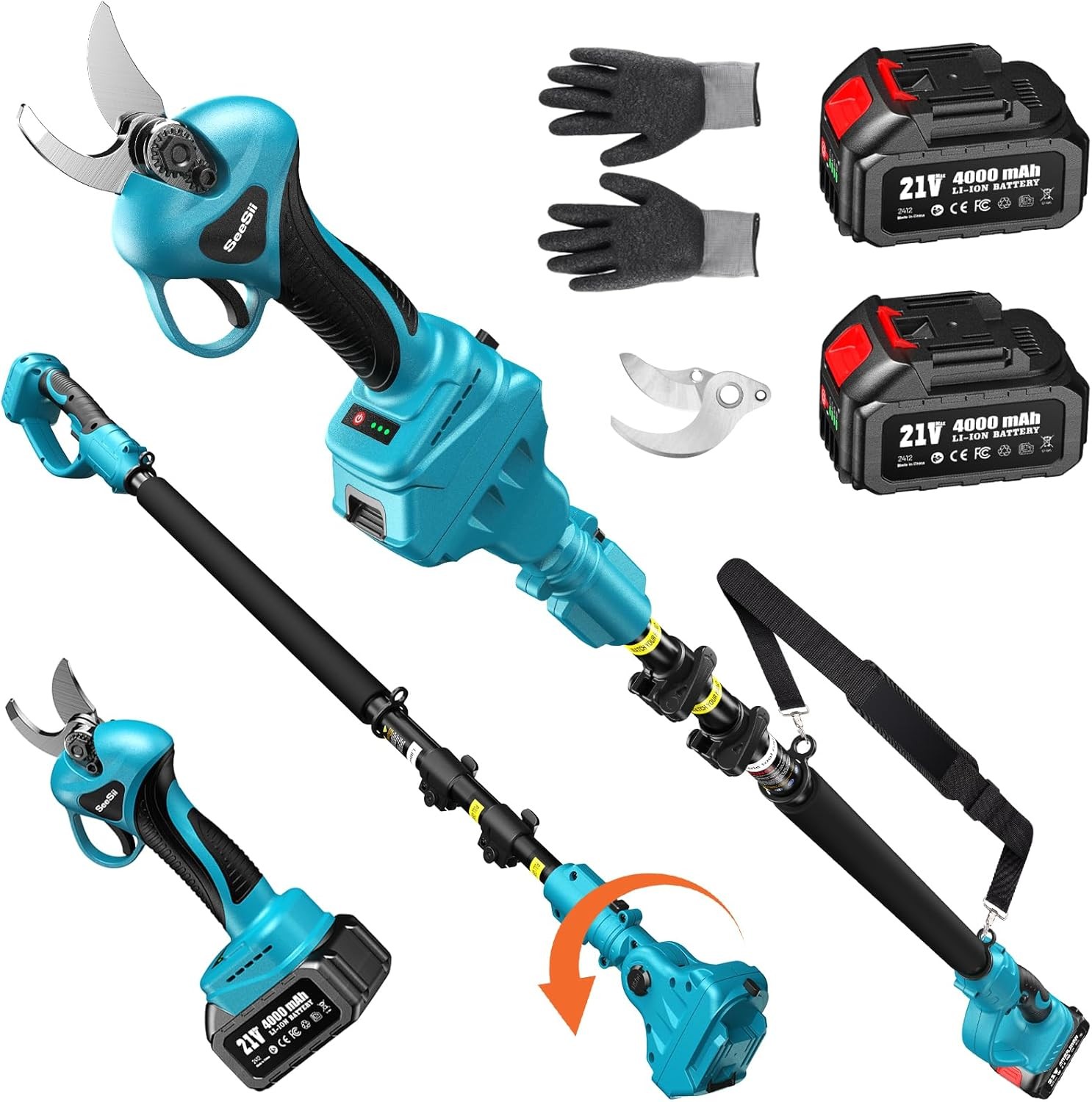 Seesii 2 in 1 Cordless Electric Pole Pruning Shear 15FT Reach 2x4000mAh Battery