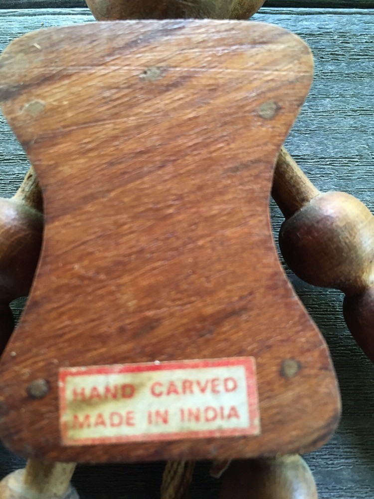 Vintage Hand Carved From India Wood Boy Monkey Bear String Pull Puppet Toy