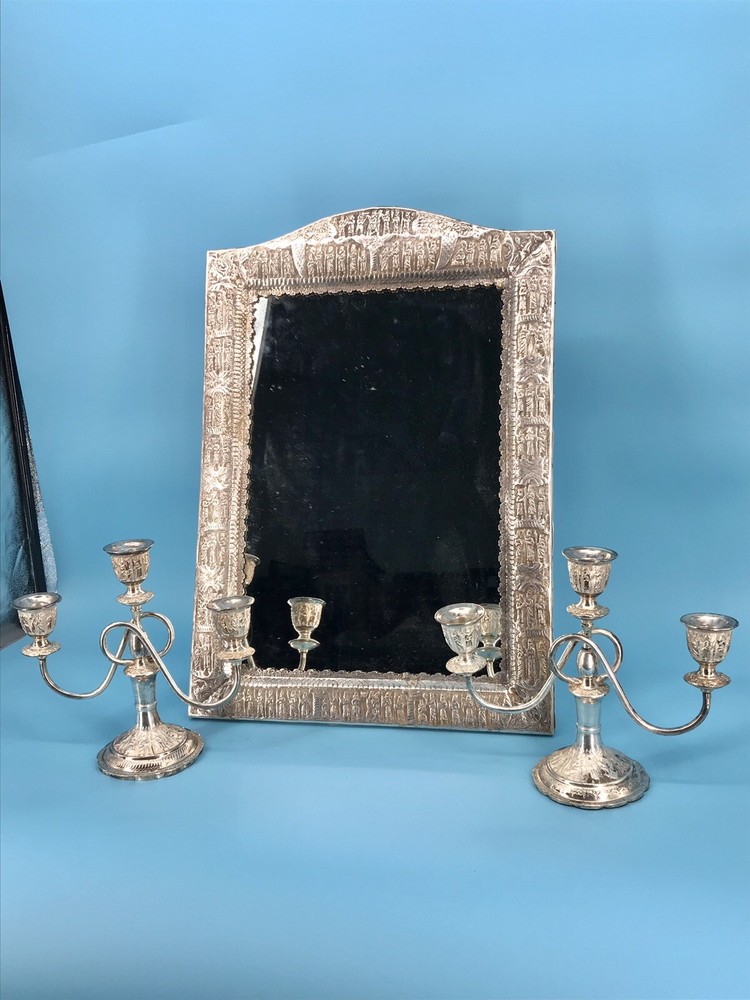 Middle Eastern,carved set Candlestick & Sheet Mirror 84 SOLID Silver 2800 grams