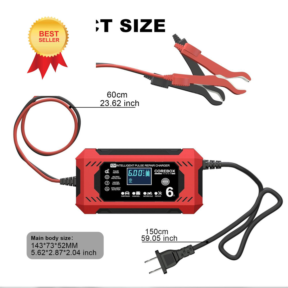 Corebox Battery Charger 6-Amp 12V Automatic Smart Trickle Red