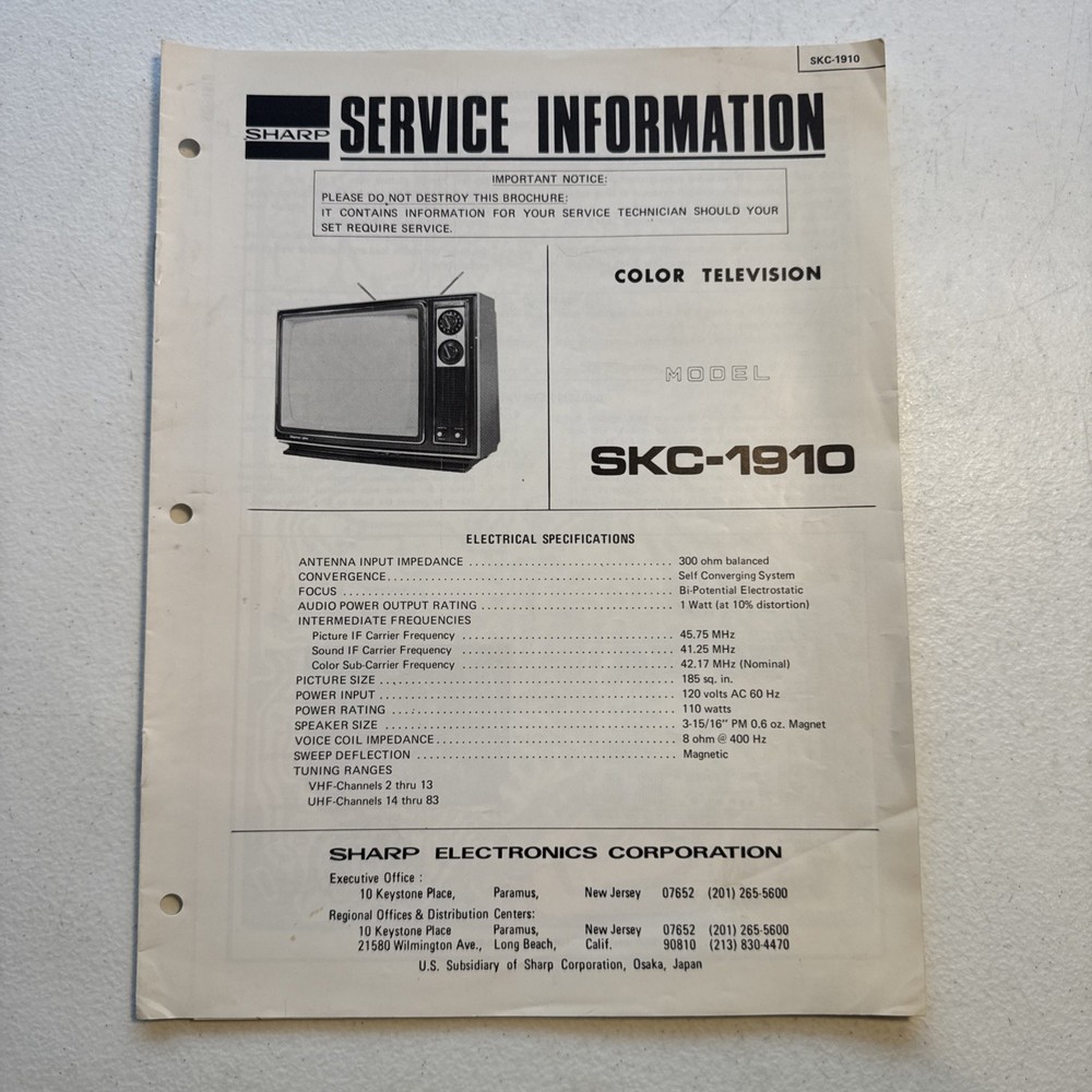 Sharp Color Television Model SKC-1910 Service Information