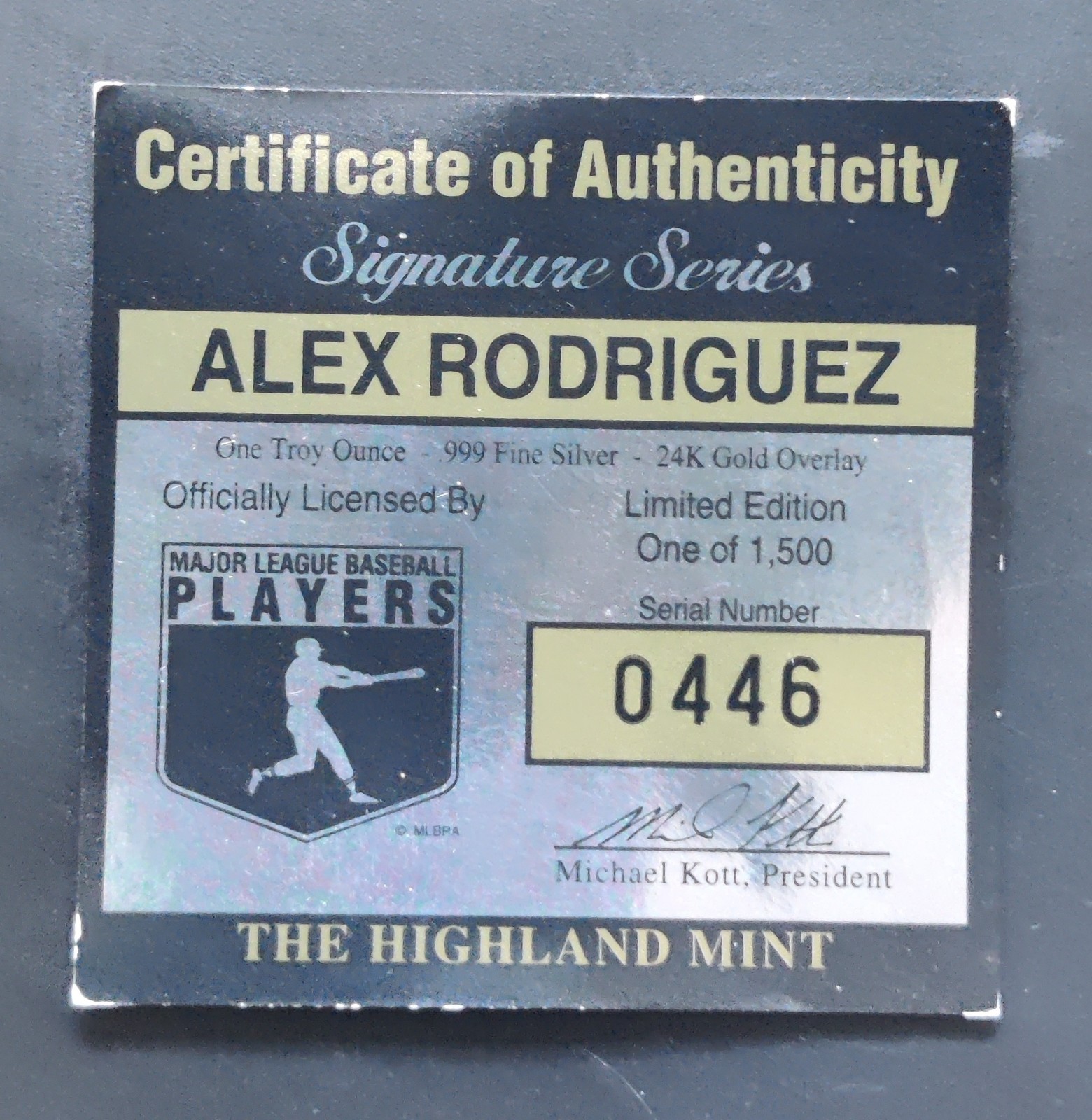 Highland Mint Alex Rodriguez Signature Series Baseball Coin .999 Silver 24K Gold