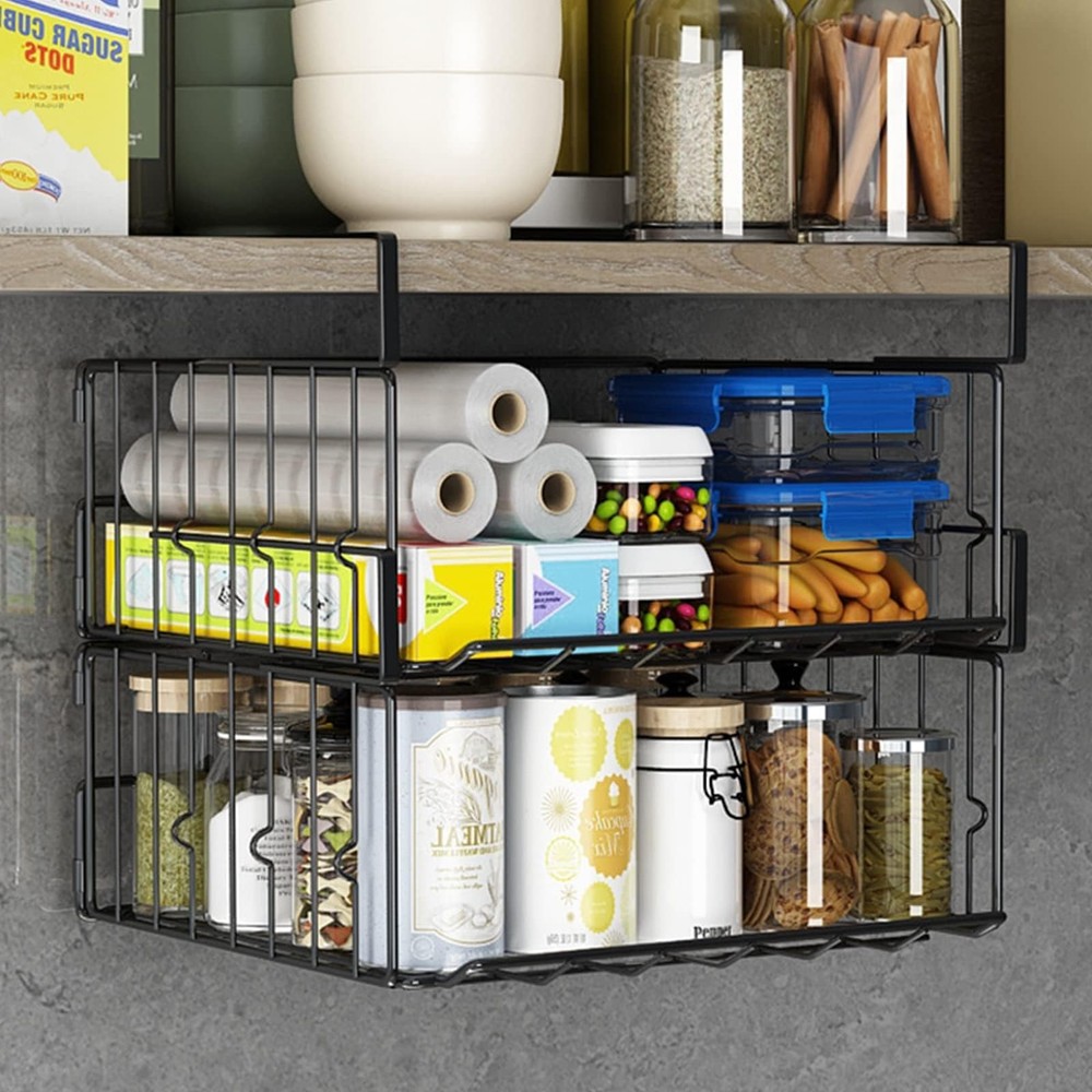 Hanging Under Shelf Storage Basket, 2 Pack Foldable 2 PCS, Black 2
