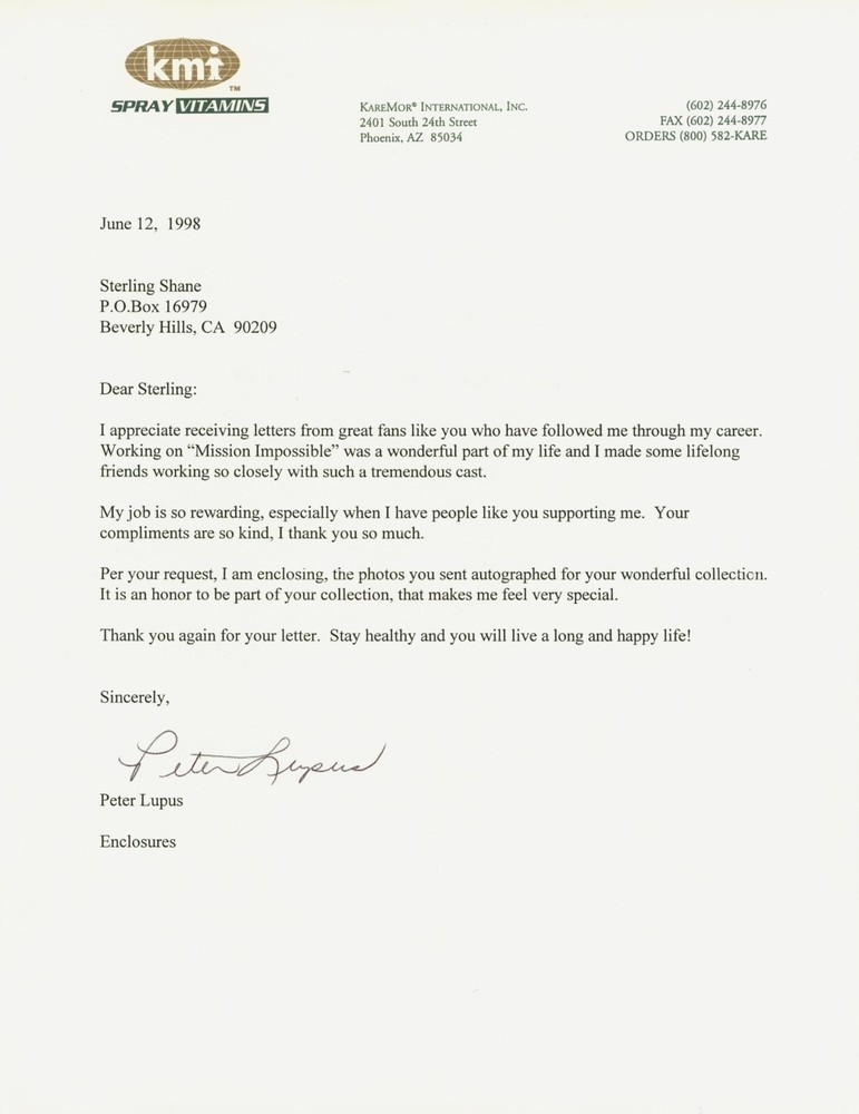 Peter Lupus Signed Letter