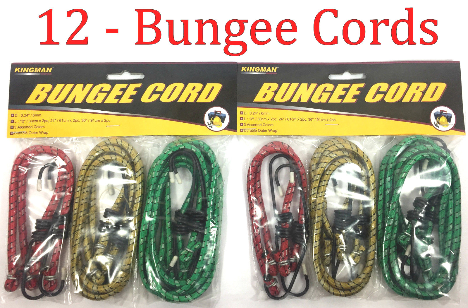 12pc Bungee Cord Tie Down Straps Bungie Assortment Set 12" 24" & 36"