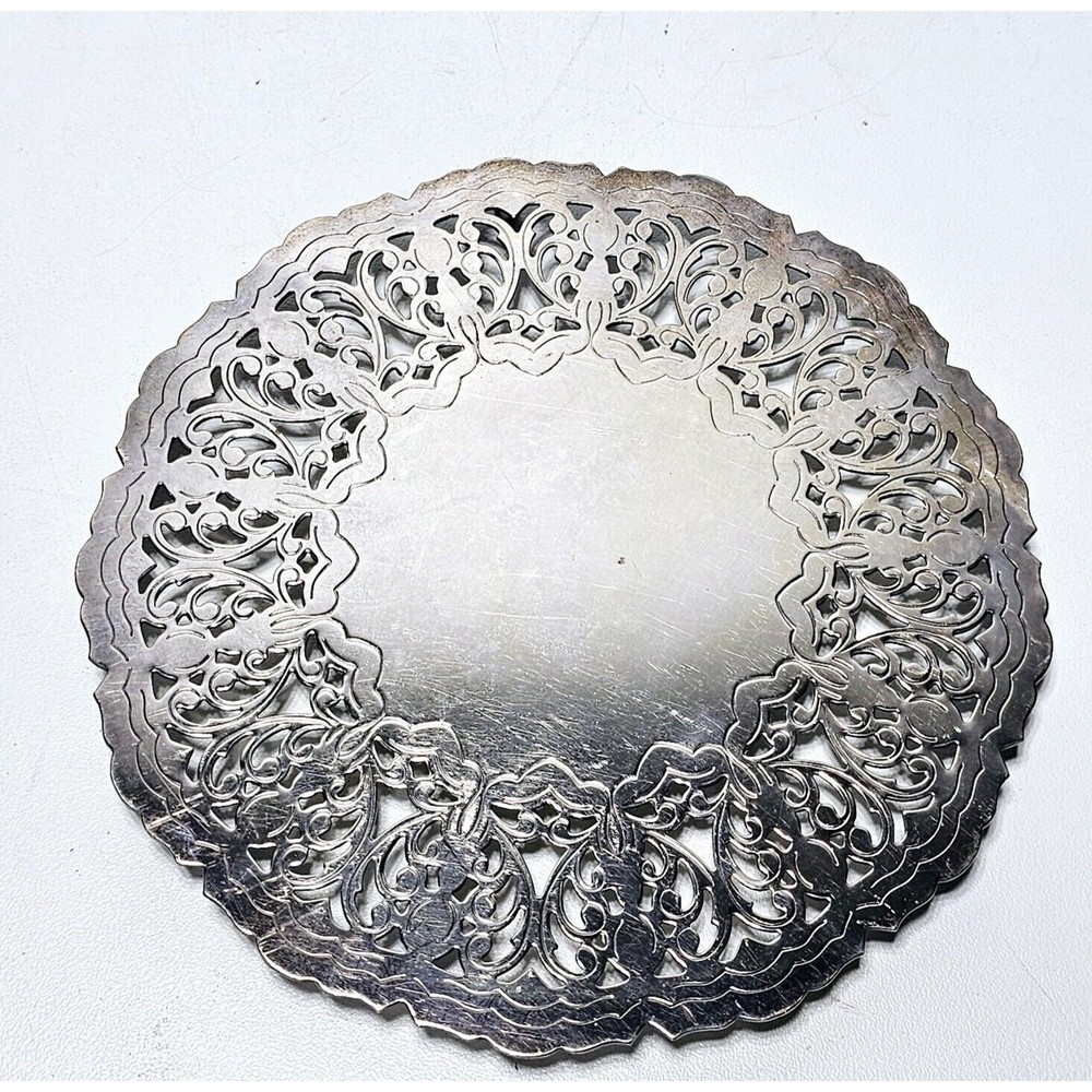 Vtg Pierced Lace Design Silverplate Scalloped Footed Trivet Denmark & W Germany