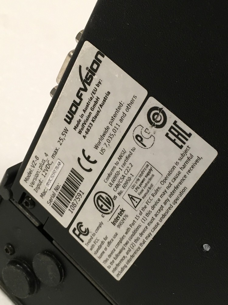 WolfVision VZ-8plus4 1080p Document Camera Visualizer, No Ac Adapter, WORKING