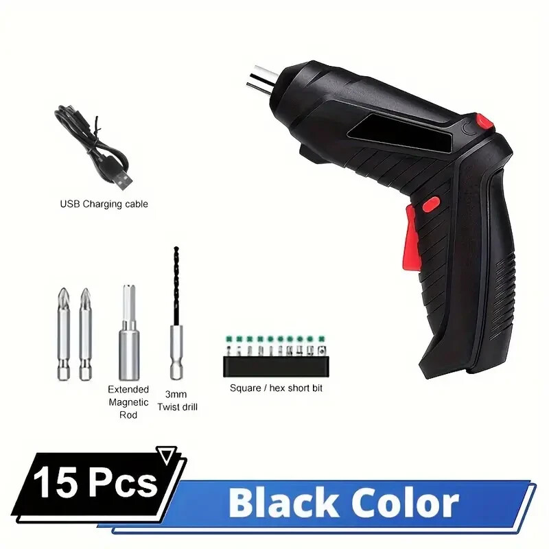 TOOL, CORDLESS DRILL WITH BITS AND CHARGE CORD. 15 PC SET.