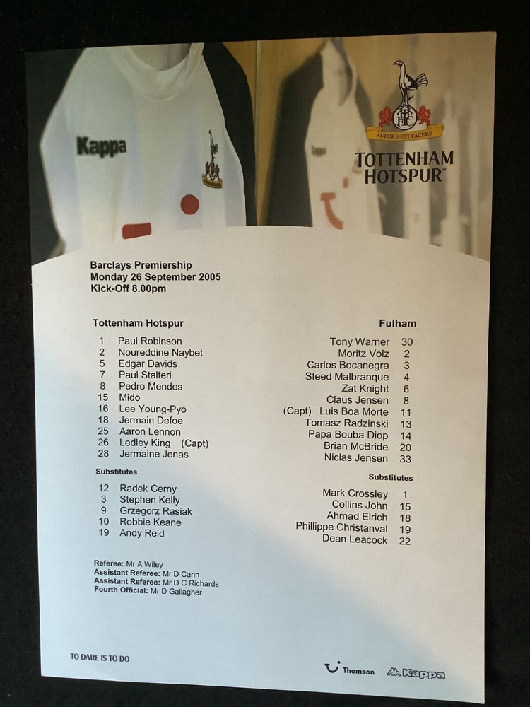 2005/6 Tottenham v Fulham teamsheet