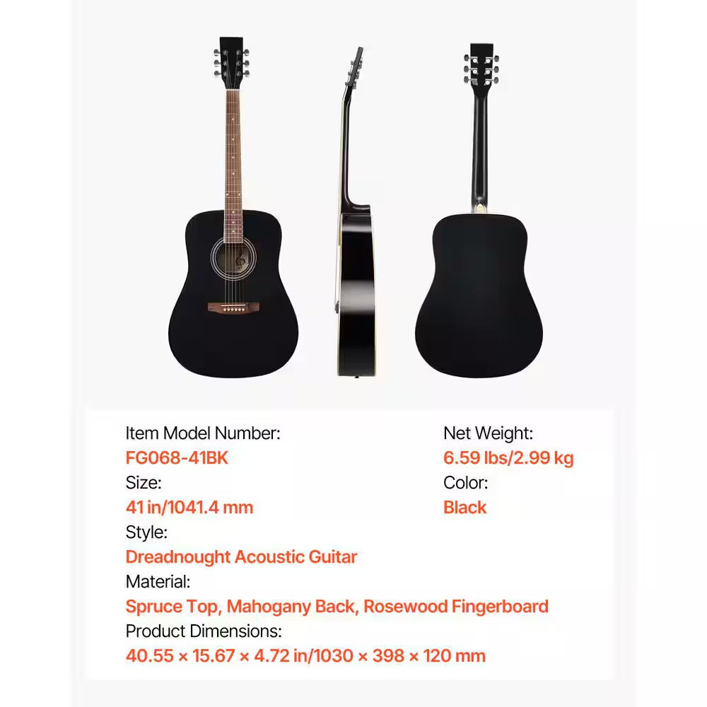 Dreadnought Acoustic Guitar 41 In. 6-String Black Solid Spruce Top Guitar Beginn